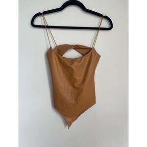 Alix NYC Faux Leather Bodysuit Women XS Cutout Spaghetti Strap Tan